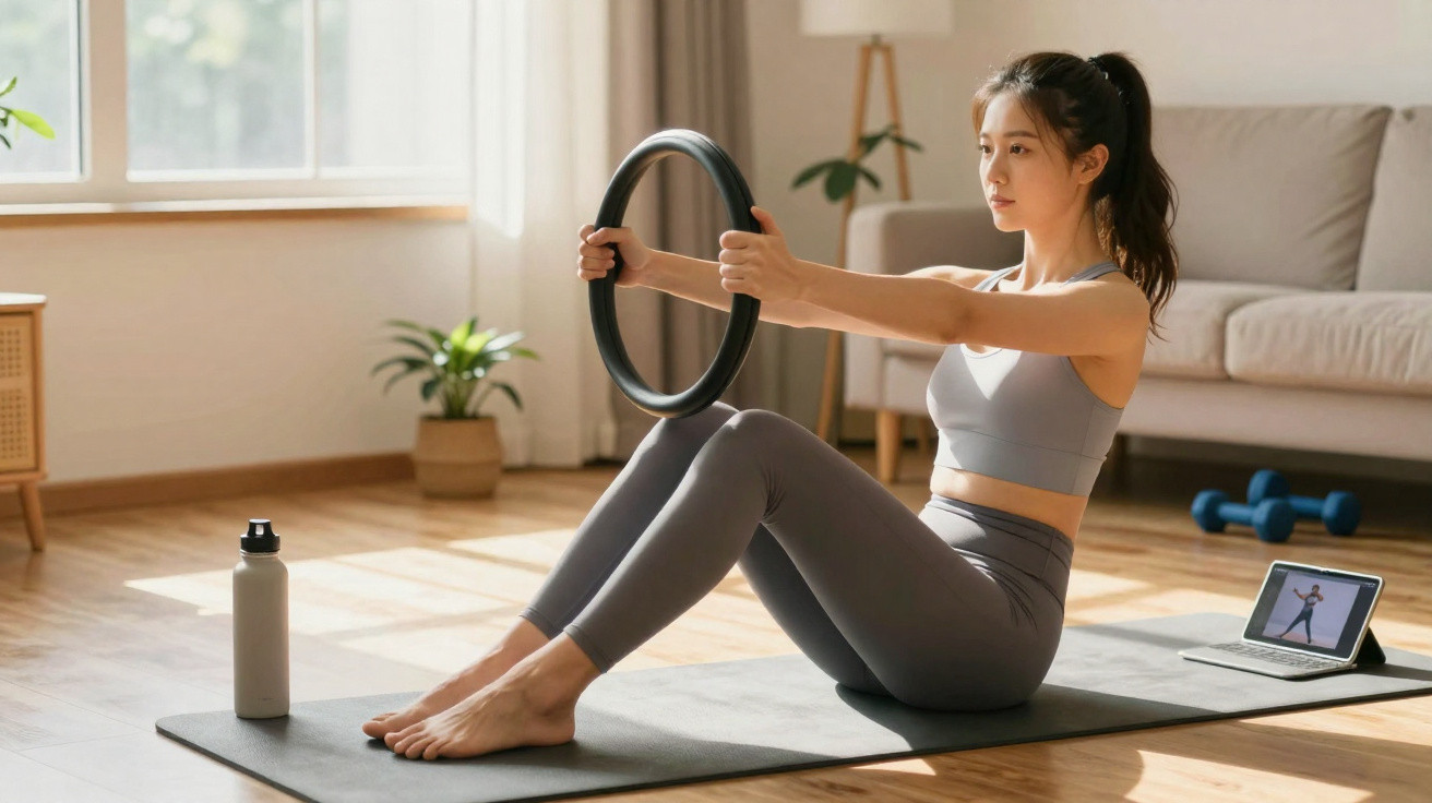 Mulher a fazer exercício com anel de Pilates numa sala iluminada, ao lado de garrafa e tablet.