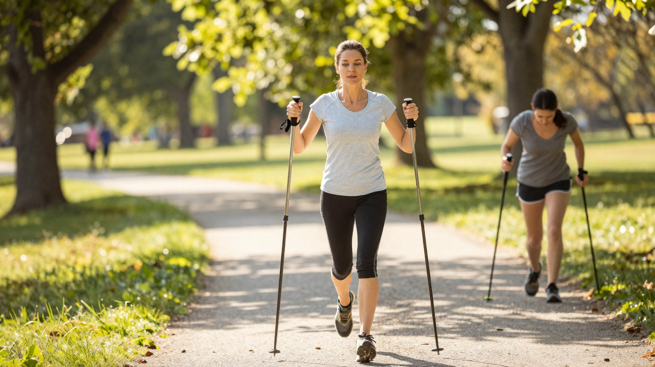 Duas mulheres a praticar caminhada com bastões num parque verde ao ar livre em dia solarengo.