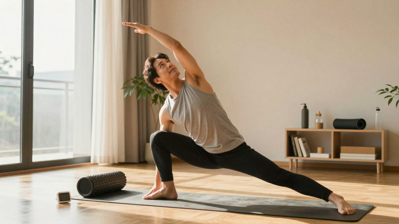 Homem a fazer pose de yoga esticando o braço numa sala luminosa com tapete e rolo de massagem.
