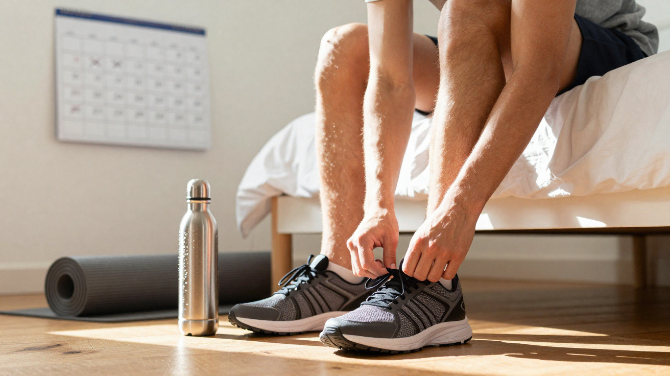 Pessoa sentada na beira da cama a calçar ténis desportivos, com garrafa de água e tapete de exercício no chão.