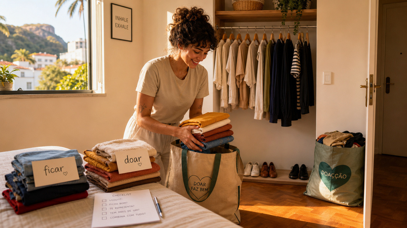 Mulher a organizar roupas para doação numa sala iluminada com roupas penduradas ao fundo.