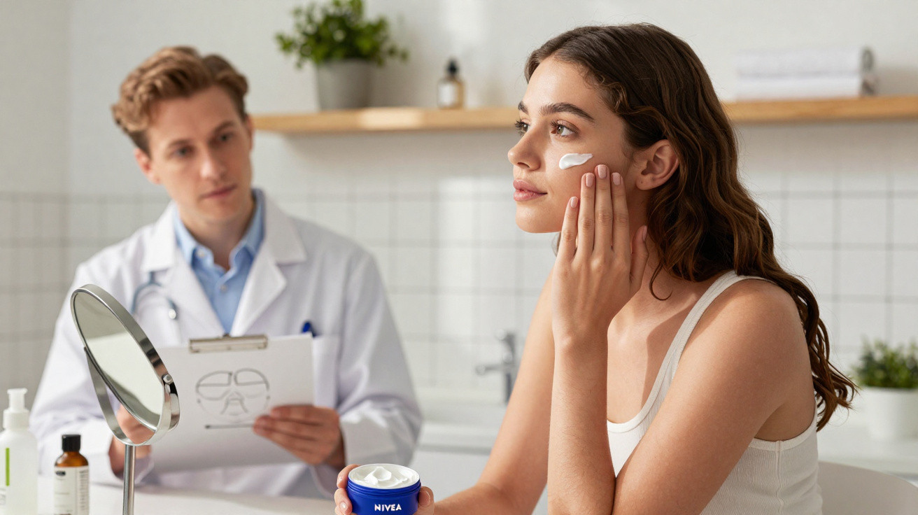 Mulher aplica creme facial enquanto médico observa, num consultório com ambiente sereno.