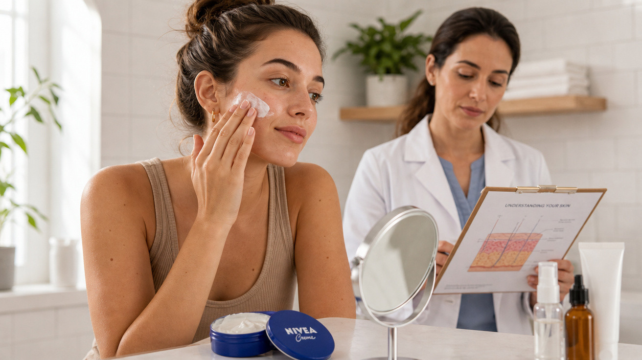 Mulher aplica creme facial Nivea com especialista em dermatologia a analisar gráfico da pele ao fundo.