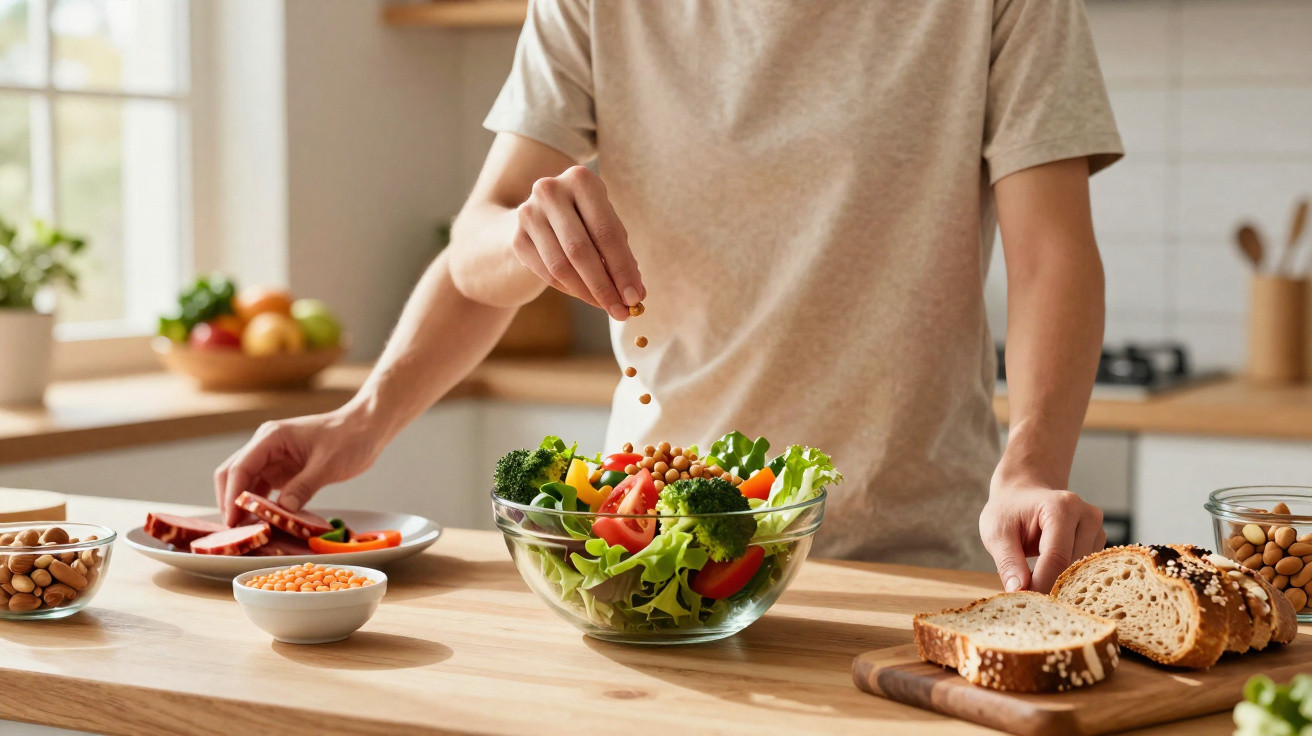 Pessoa a preparar salada saudável com legumes, grão-de-bico e pão integral numa cozinha iluminada.