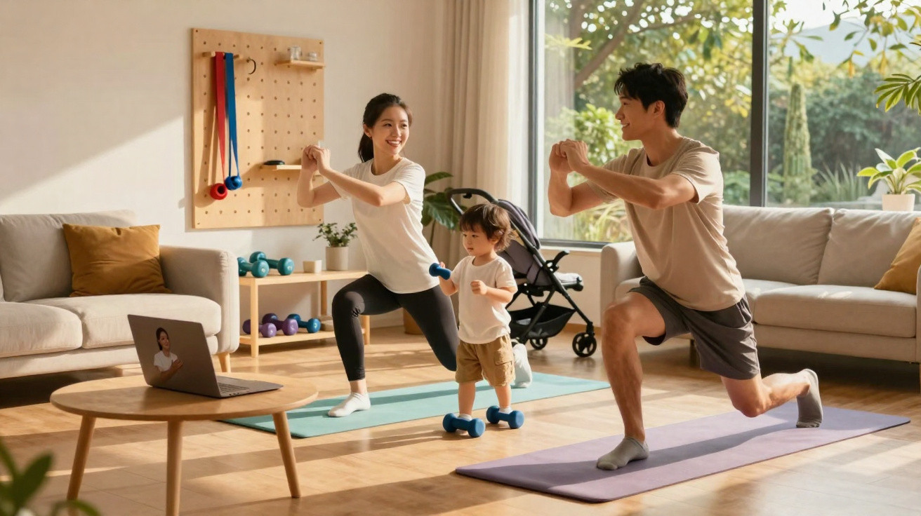 Família a fazer exercício físico em casa com pesos e tapetes, seguindo treino online num ambiente iluminado.