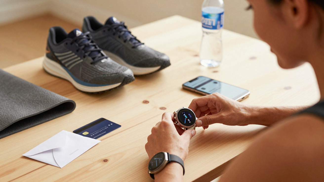 Pessoa ajusta smartwatch rosa numa mesa com ténis, garrafa de água, telemóvel e cartão bancário.