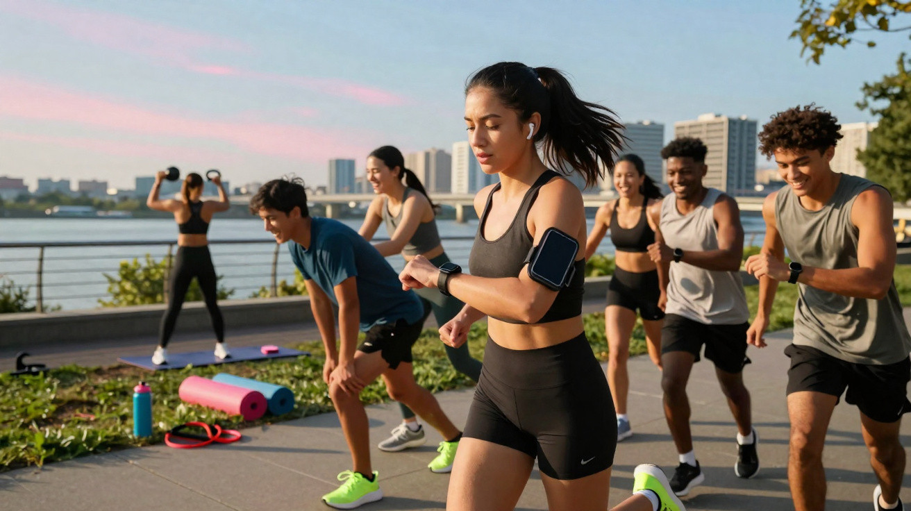 Grupo de jovens a praticar exercício físico ao ar livre junto a um rio numa tarde de sol.