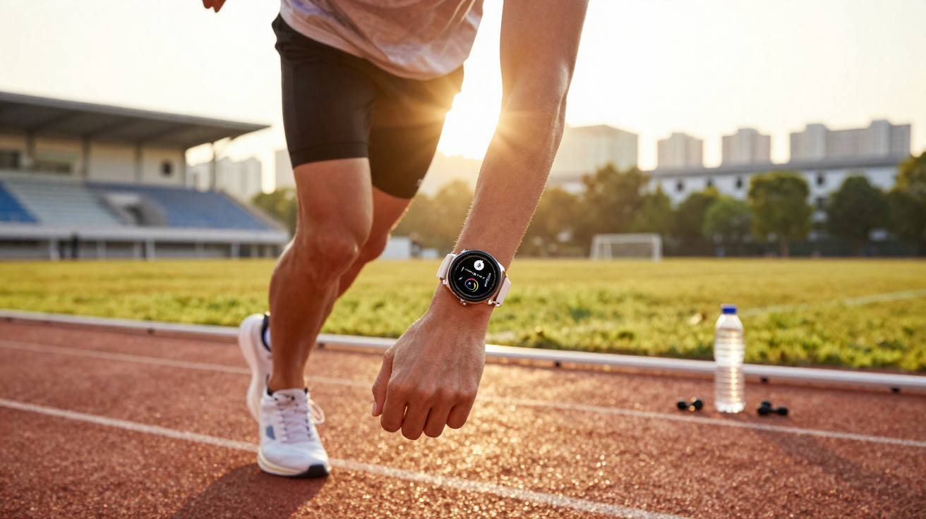 Pessoa a correr numa pista de atletismo com um relógio inteligente no pulso esquerdo ao pôr do sol.