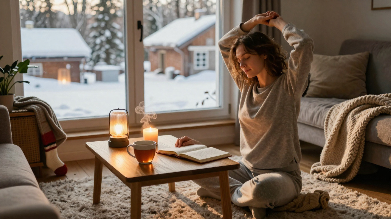 Mulher sentada no chão a ler livro, com velas acesas e chá quente, numa sala com vista para paisagem nevada.
