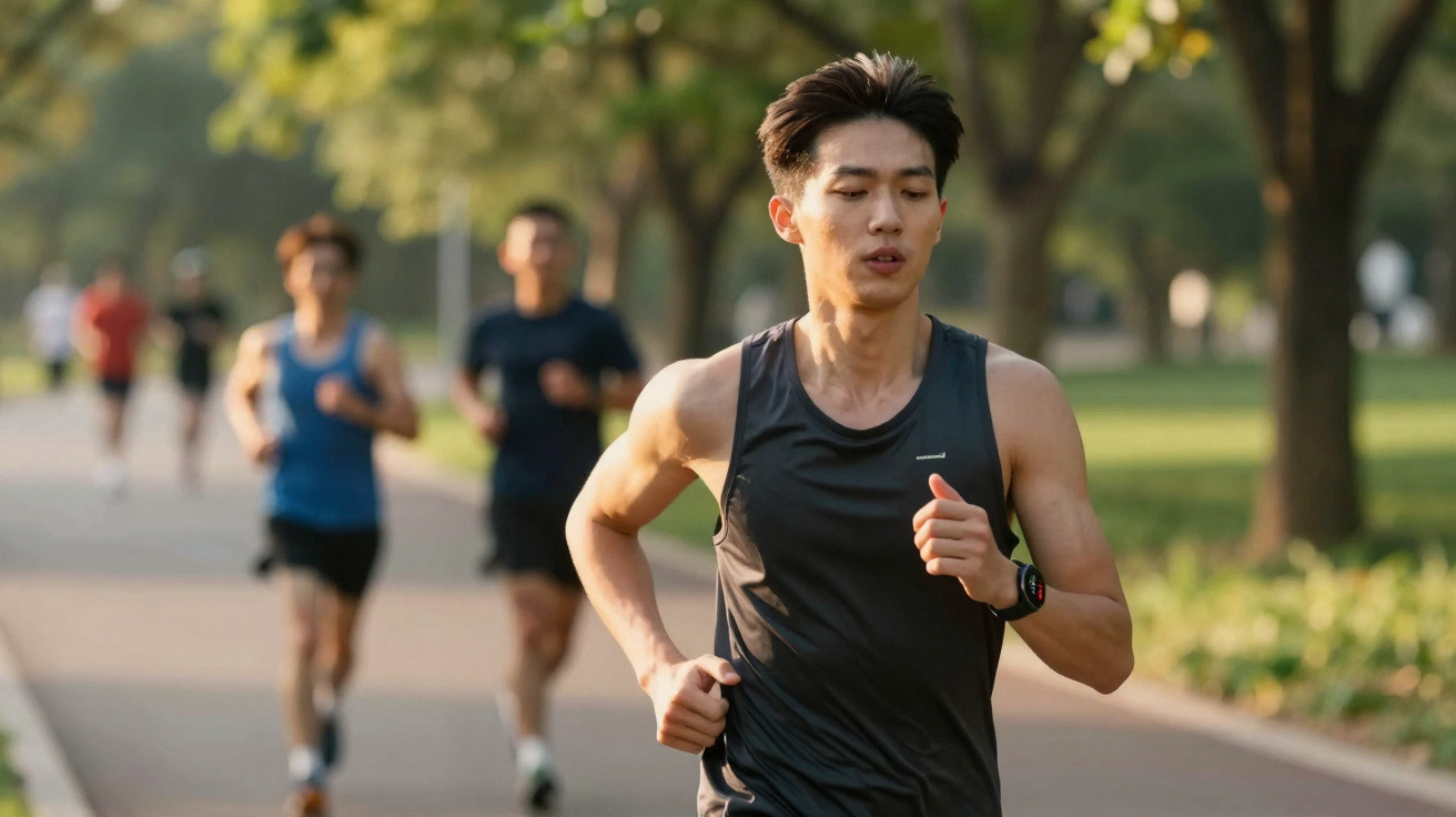 Homem a correr em parque com outras pessoas a correr ao fundo numa manhã de sol.