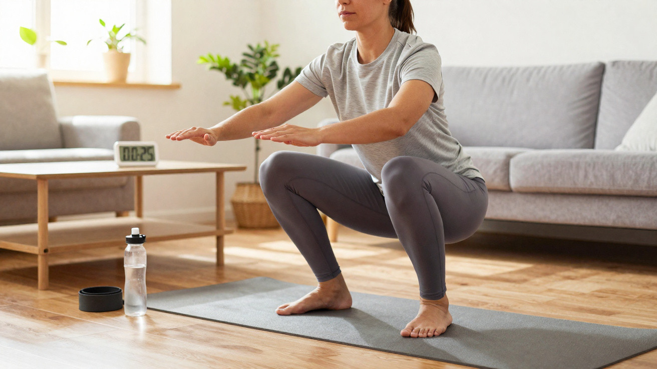 Pessoa a fazer agachamento em tapete de exercício numa sala com sofá e mesa de madeira.