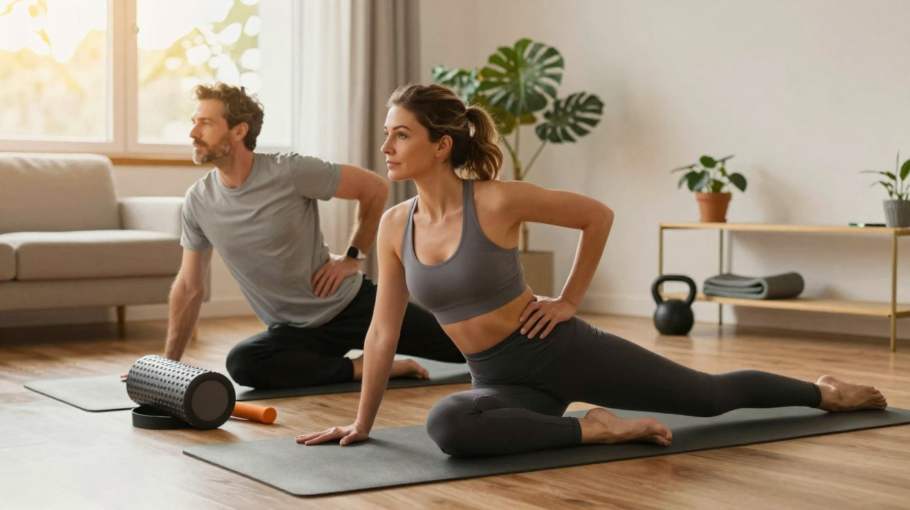 Casal a fazer exercício de alongamento num tapete de yoga em sala iluminada com plantas.