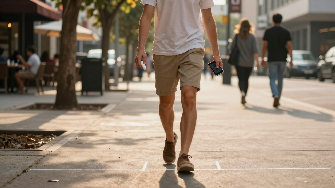 Homem de branco e calções pretos a caminhar numa calçada urbana com árvores e pessoas ao fundo.