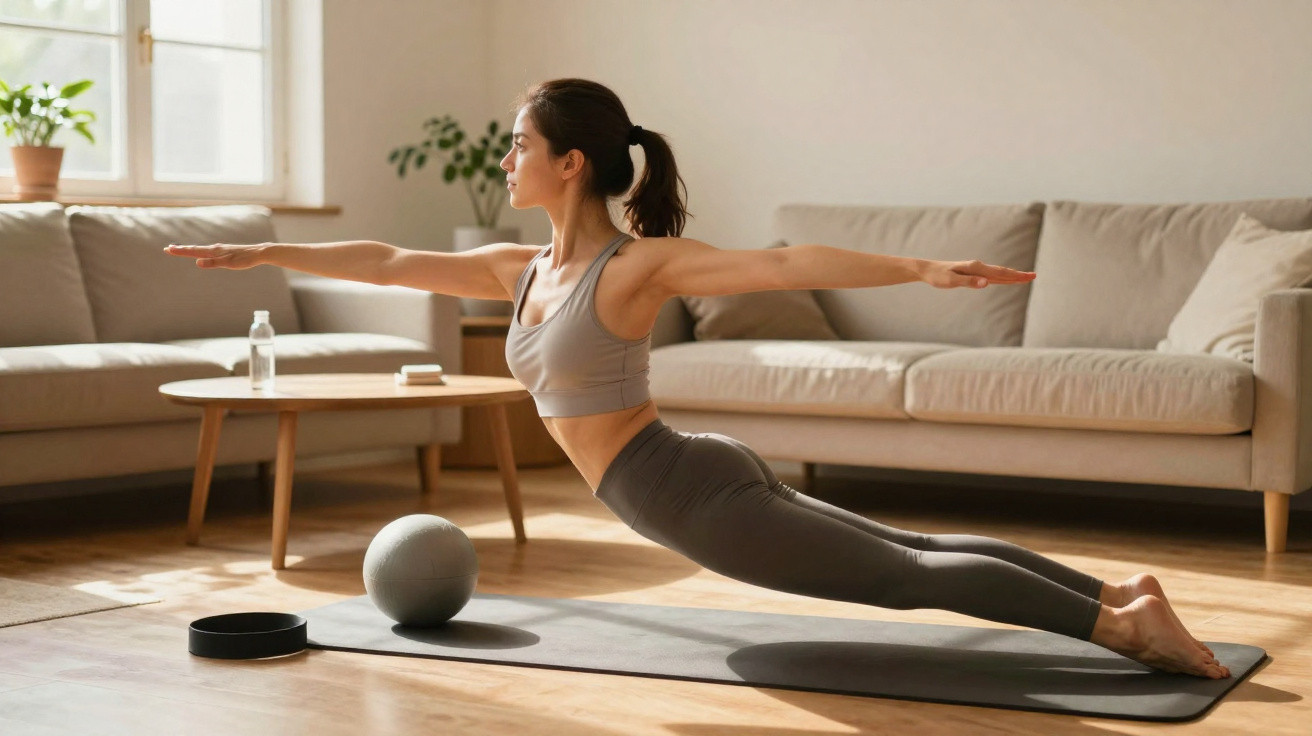 Mulher a fazer alongamentos num tapete de yoga numa sala iluminada com plantas e sofá.