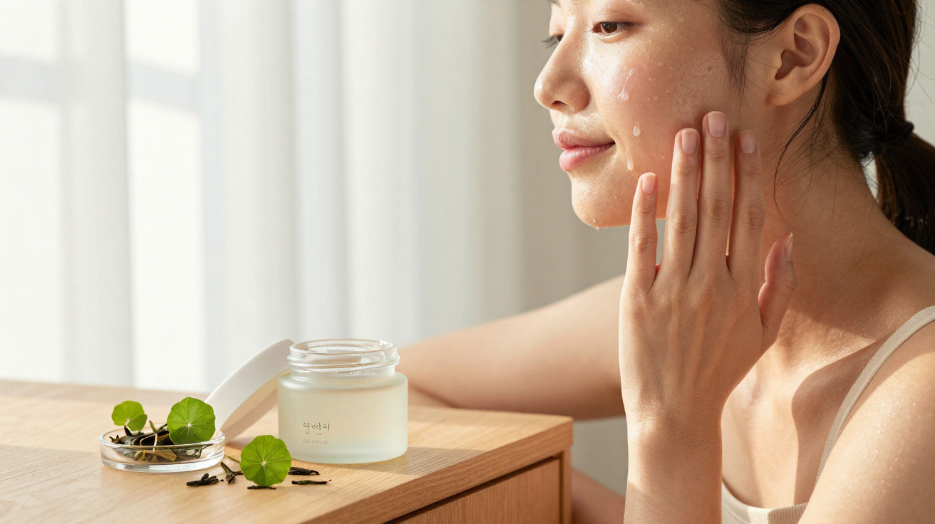Mulher a aplicar creme hidratante no rosto, sentada junto a uma mesa com jarra de creme e plantas.