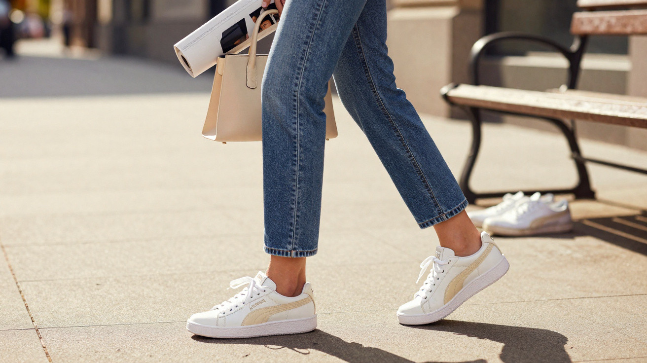 Pessoa a caminhar com jeans e sapatilhas brancas Puma numa rua urbana, segurando uma mala bege.