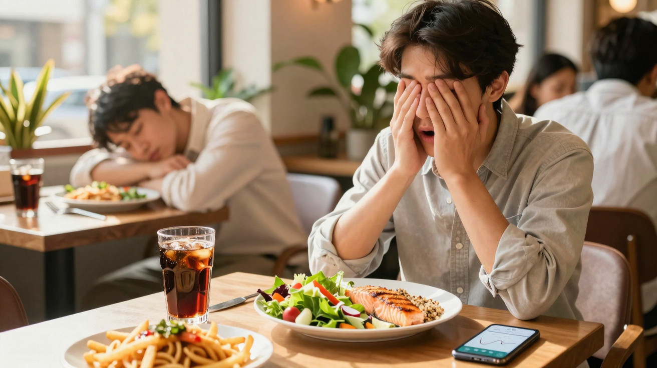 Homem sentado à mesa com comida, a cobrir o rosto com as mãos, parecendo cansado ou frustrado.
