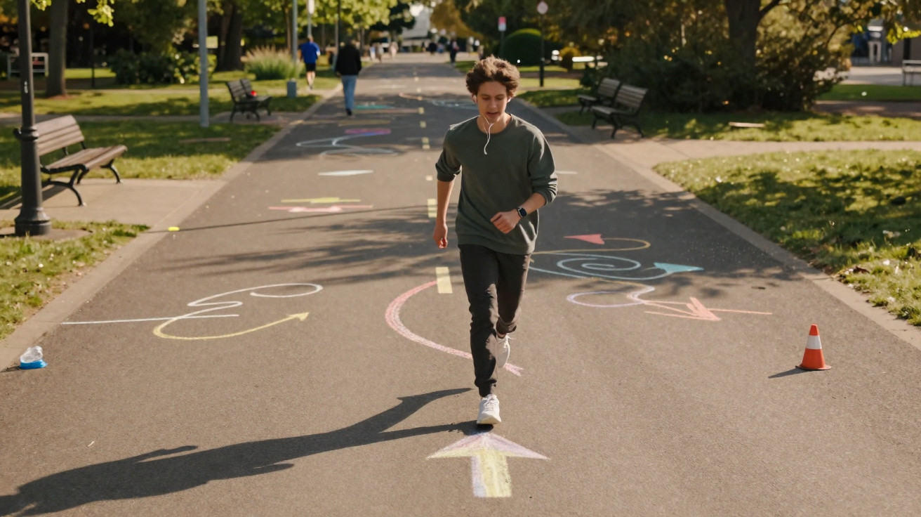 Jovem a correr num parque com setas e desenhos coloridos no chão e bancos de madeira ao lado.