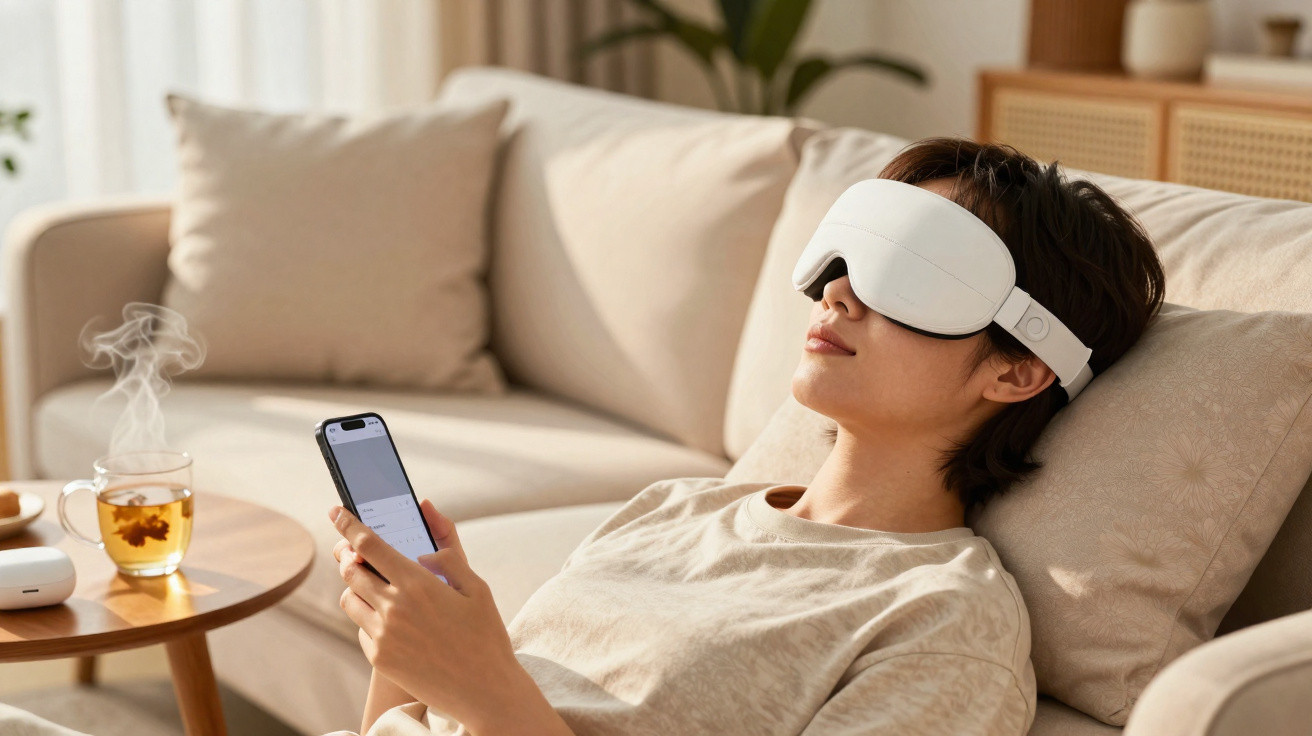 Homem relaxa no sofá com máscara de massagem nos olhos e segura controlo remoto, chá quente numa mesa lateral.