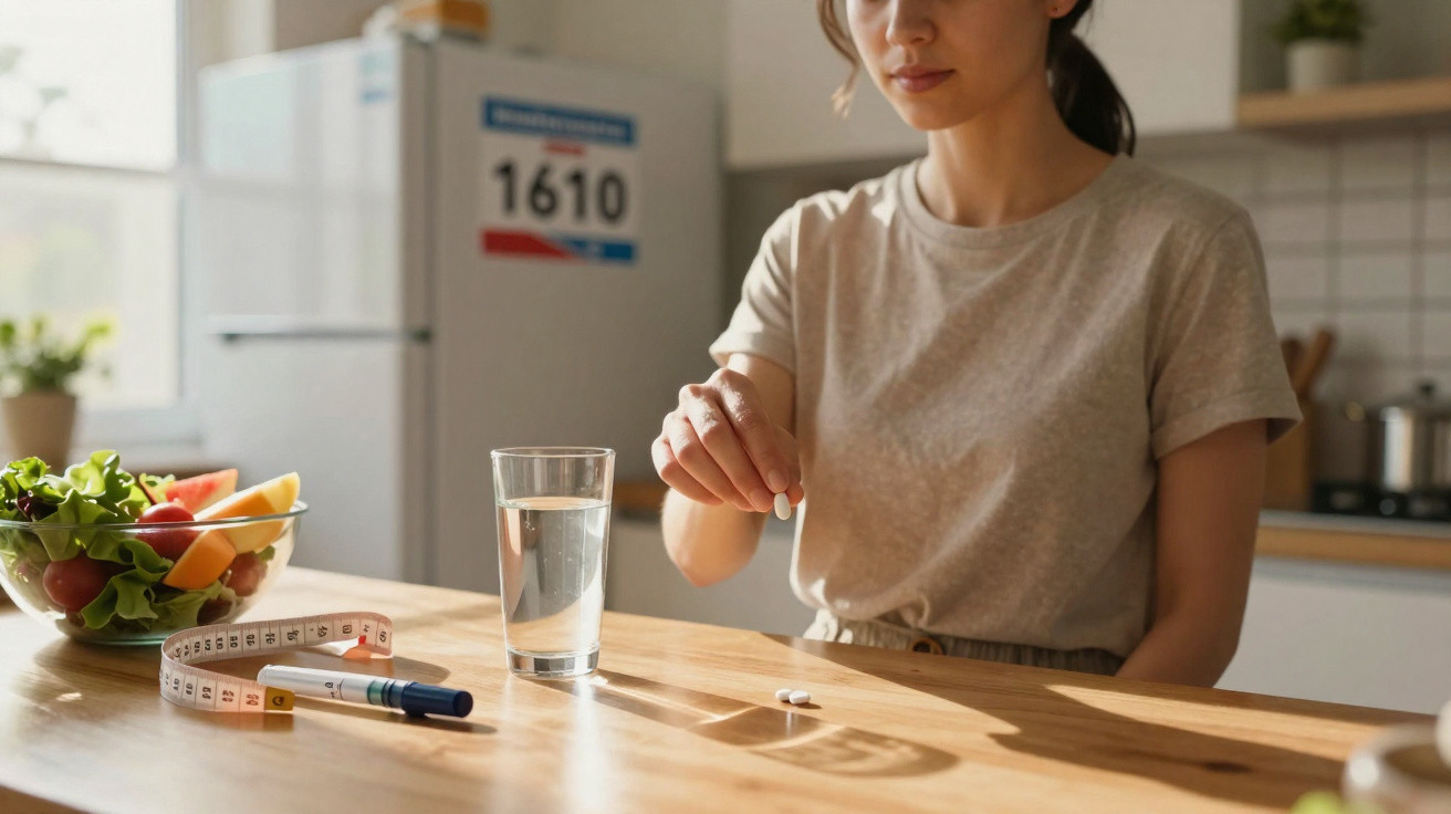 Pessoa a tomar medicação na cozinha com salada, fita métrica e caneta de insulina na mesa.