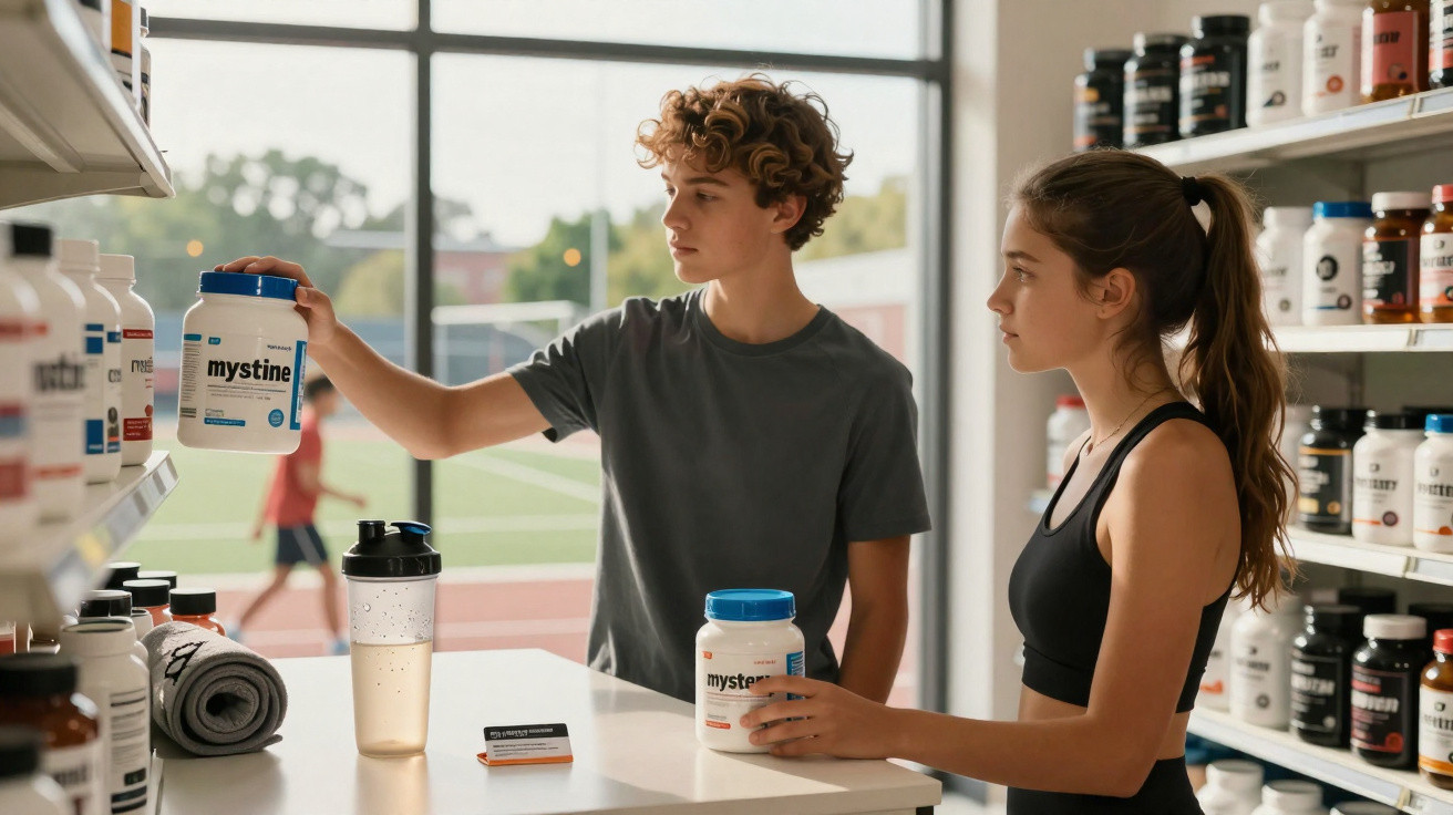 Jovem casal a escolher suplementos nutricionais numa loja de vitaminas e produtos de fitness.