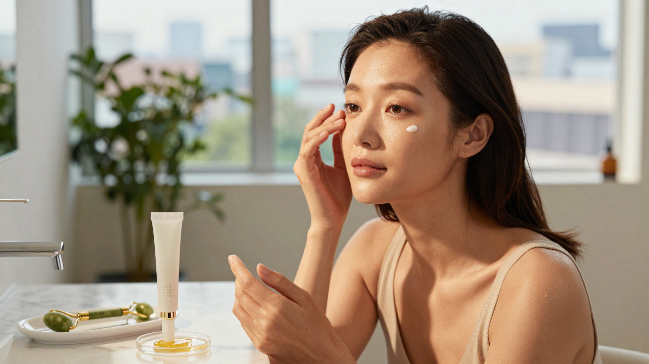 Mulher a aplicar creme no rosto junto a uma janela com rolo de jade e produtos de skincare numa bancada.