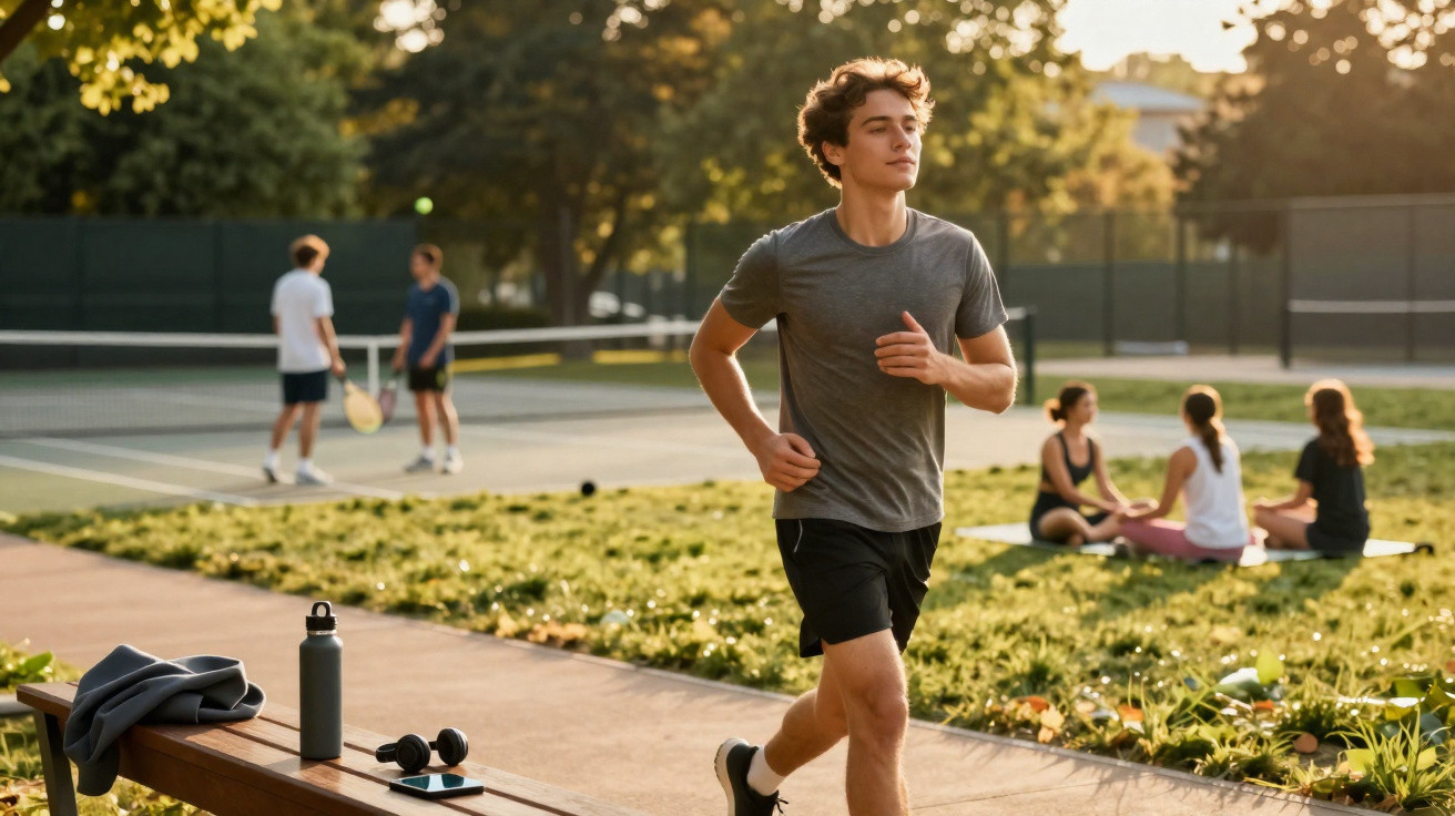 Homem a correr num parque junto a campo de ténis, onde outras pessoas jogam e descansam.