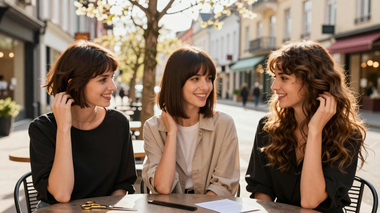 Três mulheres sentadas numa esplanada de café, conversando e sorrindo em dia ensolarado na cidade.