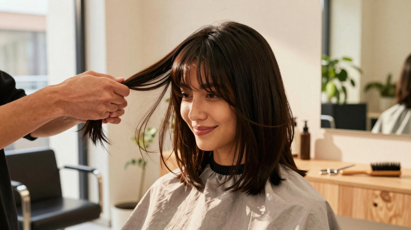 Mulher sorridente a receber corte de cabelo num salão de beleza com luz natural e plantas ao fundo.