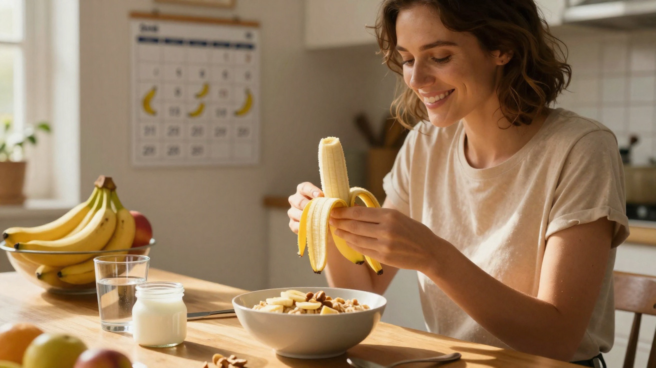 Mulher sorridente a descascar uma banana para colocar numa tigela de cereais ao pequeno-almoço.
