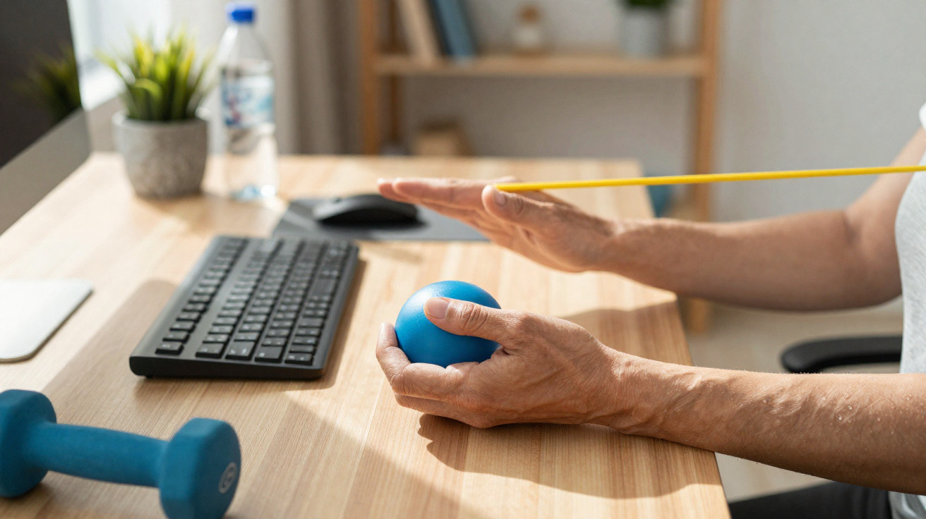 Mãos a usar bola e banda elástica para exercício de fisioterapia sobre secretária com teclado e halteres.
