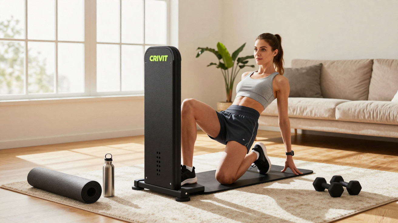 Mulher a fazer exercício físico com equipamento de fitness em sala luminosa com tapete e halteres.