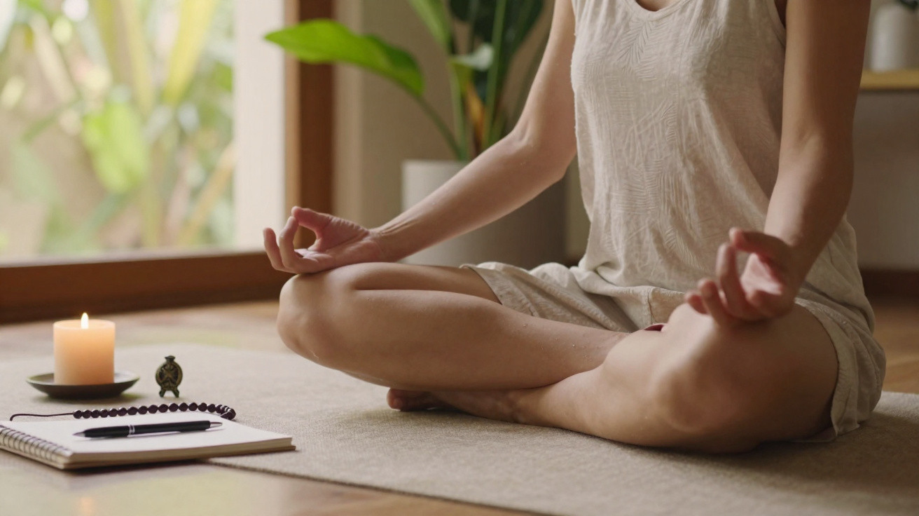 Pessoa a meditar sentada em posição de lótus com velas e caderno à frente numa sala iluminada pela luz natural.