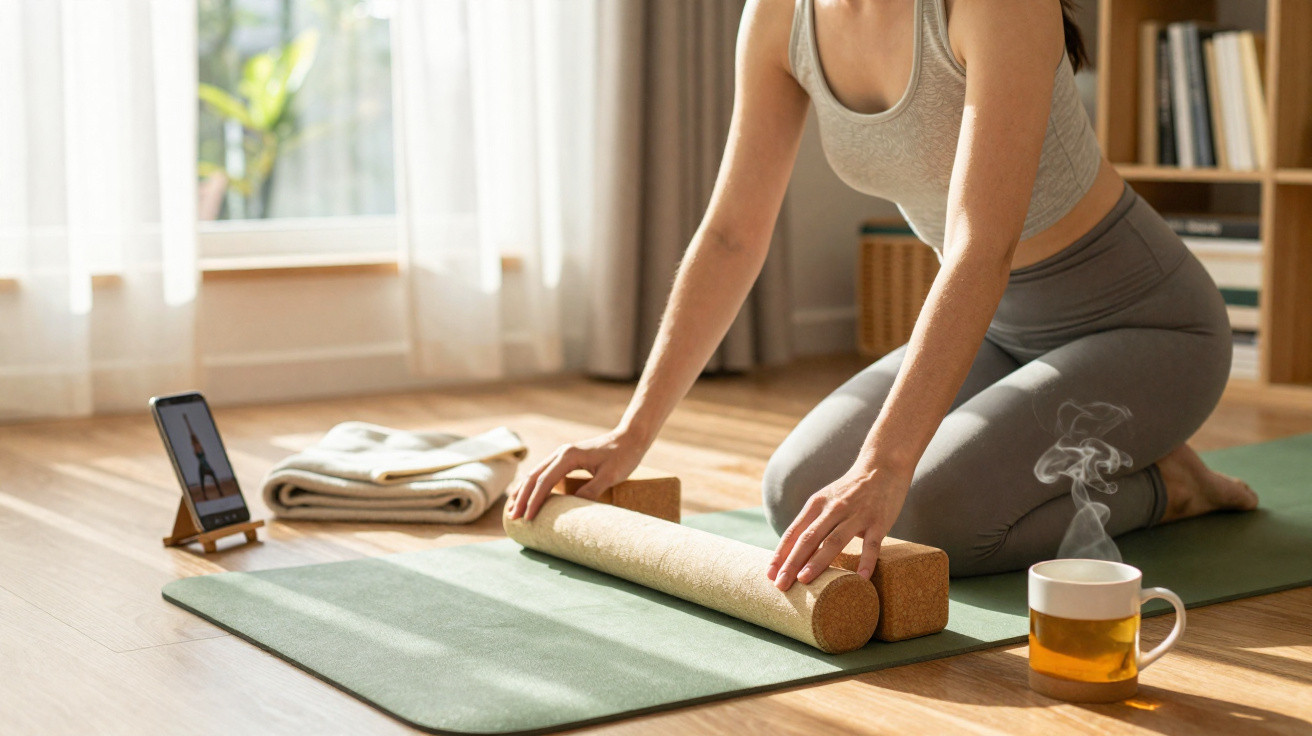 Mulher a enrolar tapete de yoga num ambiente acolhedor e iluminado com chá fumegante ao lado.