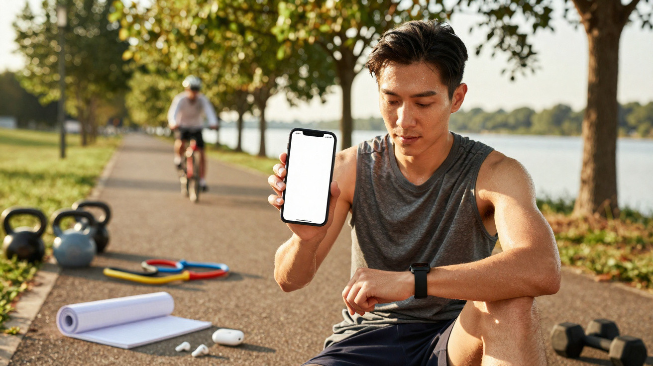 Homem sentado ao ar livre mostrando a aplicação de fitness no telemóvel depois do treino.