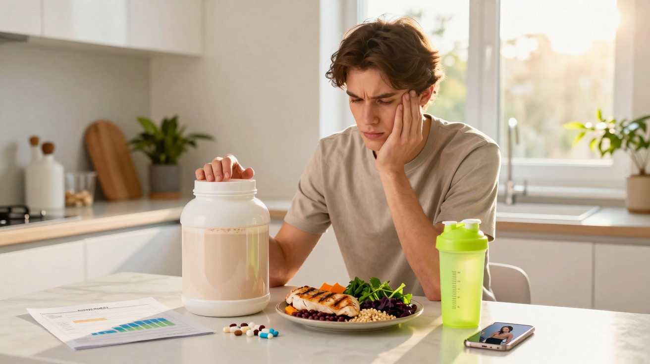 Homem jovem pensativo à mesa com suplemento proteico, comida saudável, comprimidos e telemóvel na cozinha moderna.