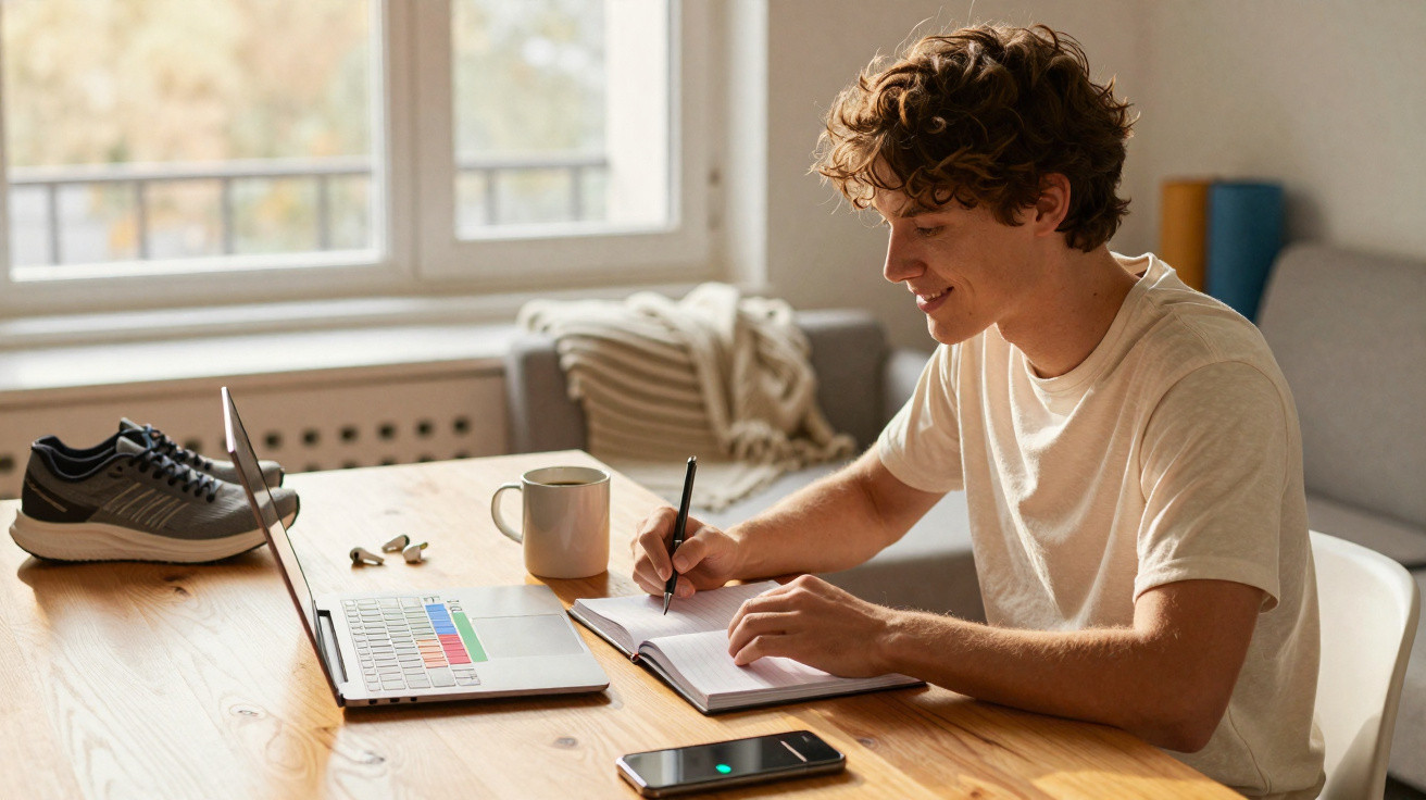Jovem sentado a escrever num caderno, com computador portátil, telemóvel e ténis numa mesa iluminada pela luz natural.