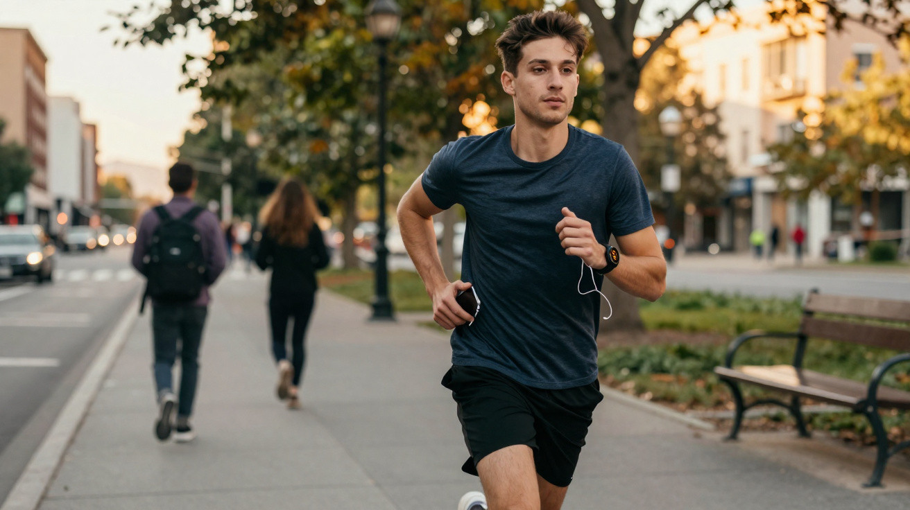 Jovem a correr numa calçada urbana com auscultadores e smartphone, num ambiente de fim de tarde.