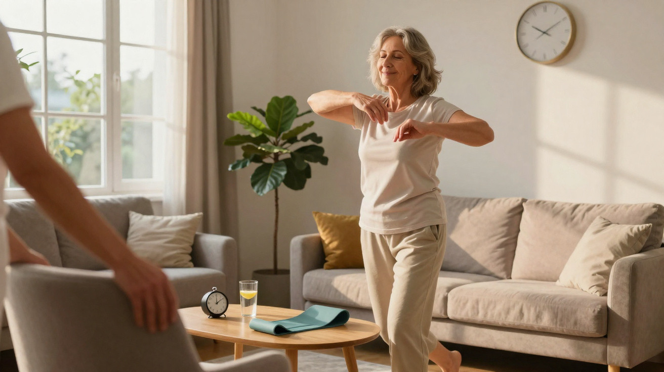 Mulher sénior a fazer exercício de alongamento em sala de estar com móveis e plantas naturais.