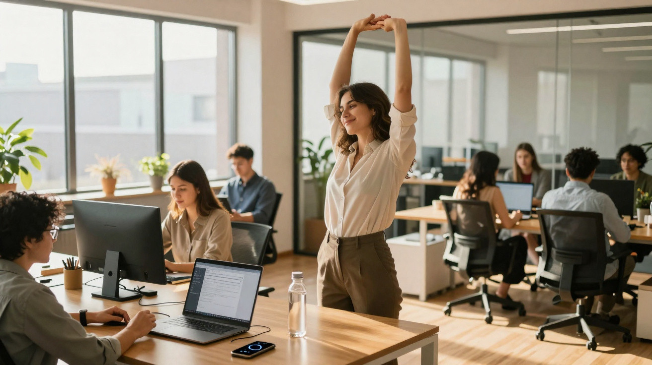 Mulher a alongar-se no escritório enquanto colegas trabalham em computadores numa sala luminosa com plantas.