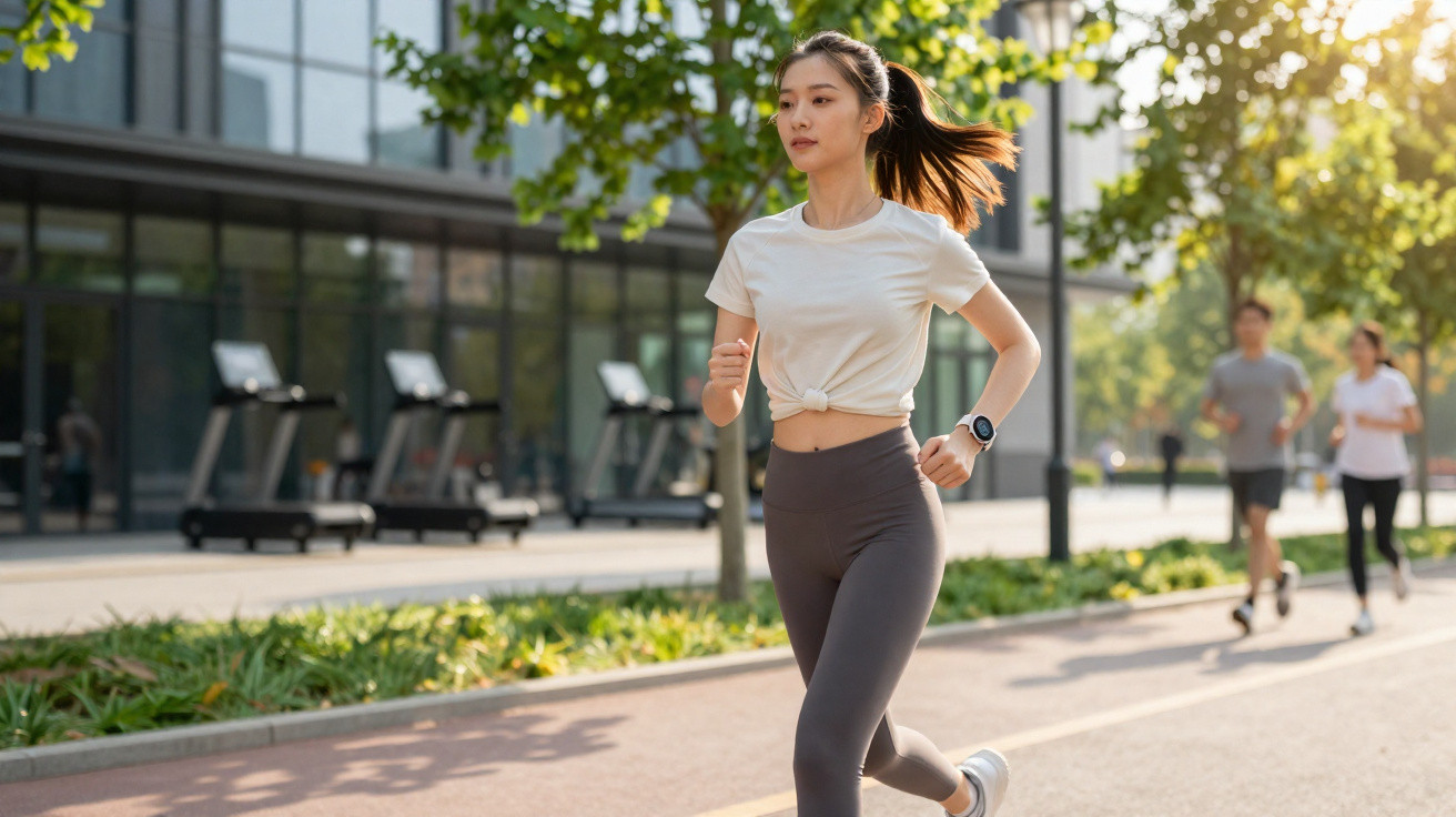 Mulher a correr em parque urbano com roupas desportivas e smartwatch ao amanhecer.