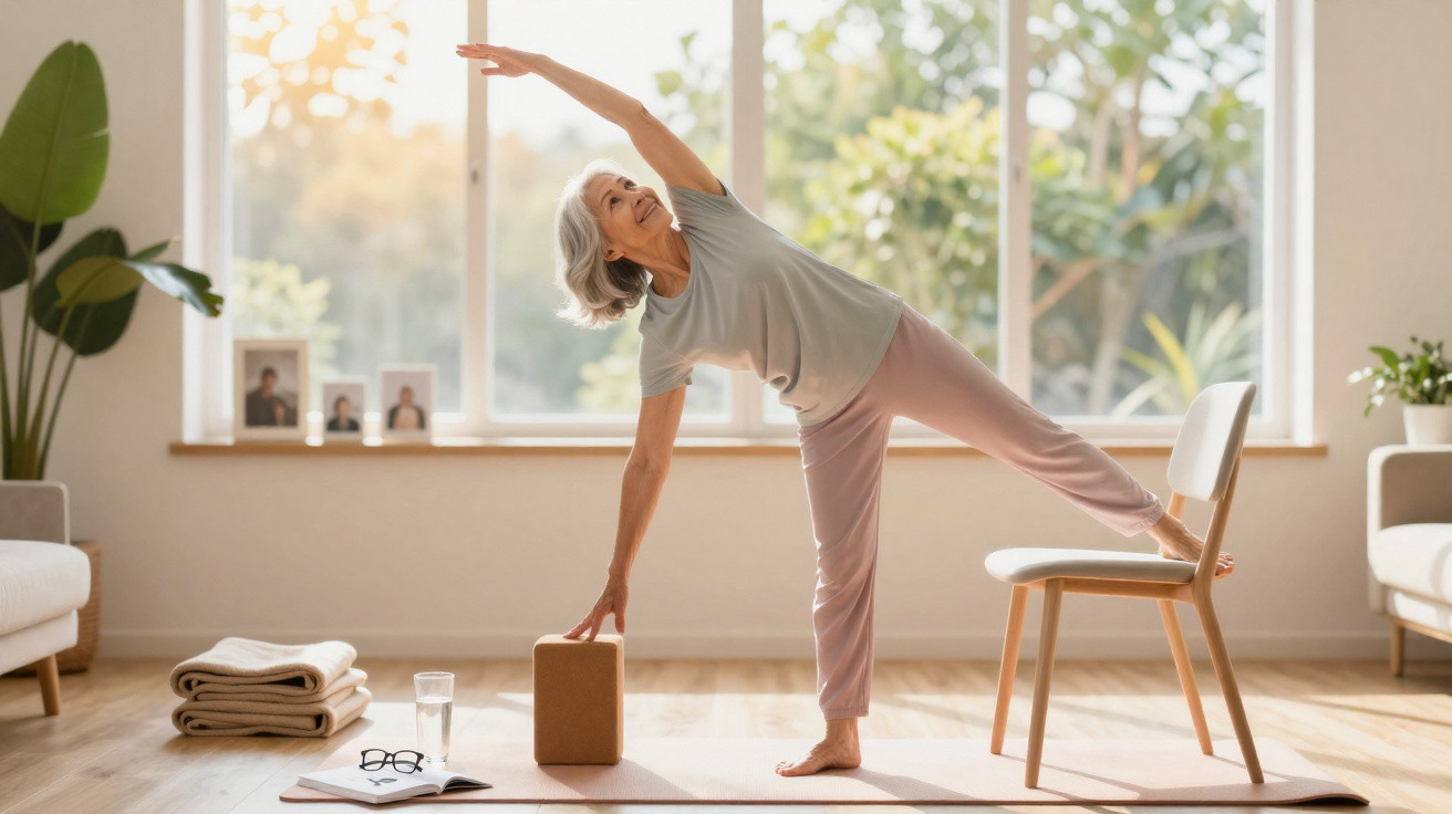 Mulher idosa a fazer yoga em casa, equilibrada com uma perna numa cadeira e braço estendido.