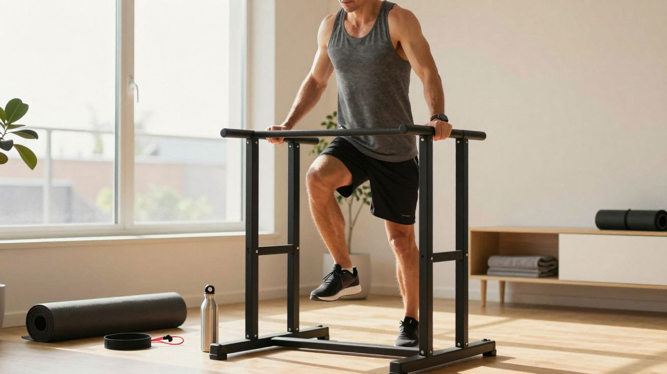 Homem a fazer exercícios de barra em casa, com tapete, toalhas e garrafa ao fundo.