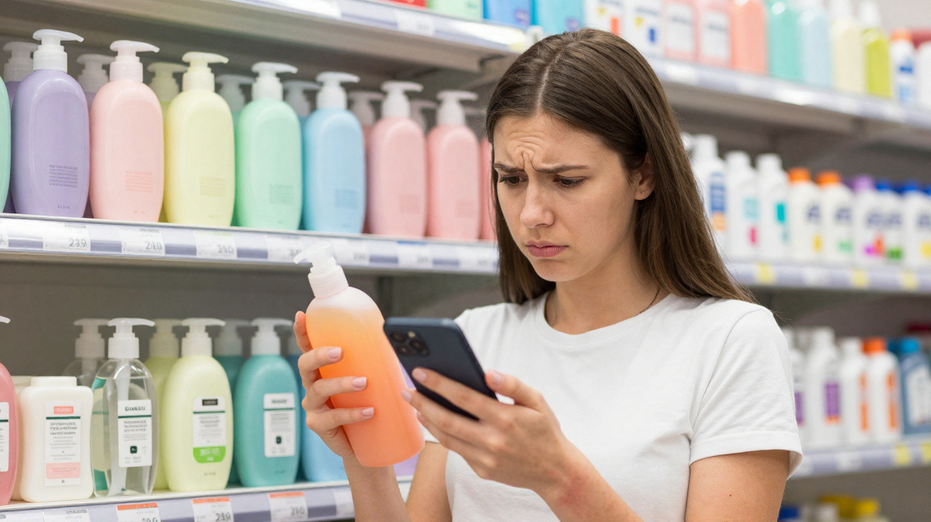 Jovem mulher com expressão preocupada a comparar produtos de cuidados pessoais numa prateleira de loja.