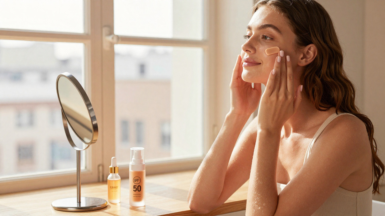 Mulher a aplicar creme protetor com SPF no rosto, sentada junto a uma janela com produtos de beleza.