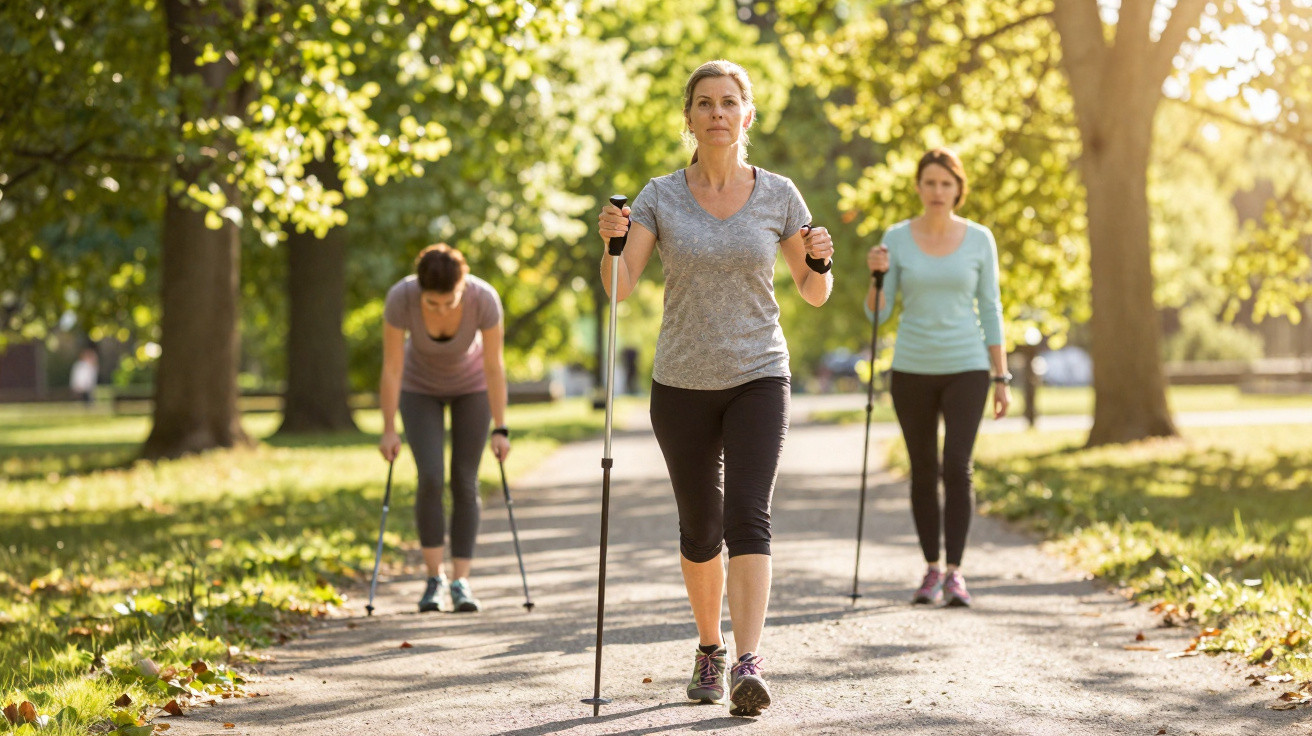 Três mulheres a praticar caminhada com bastões num parque ensolarado rodeado de árvores.