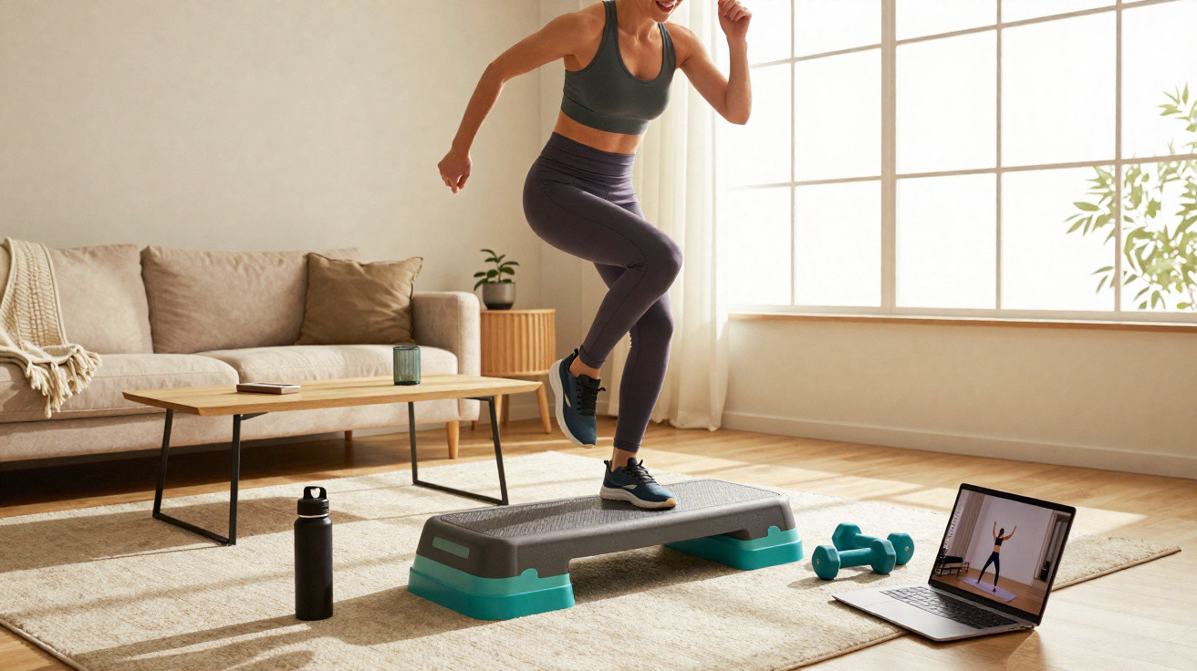 Mulher a fazer exercício de step em casa, com halteres, garrafa de água e vídeo de treino no computador.