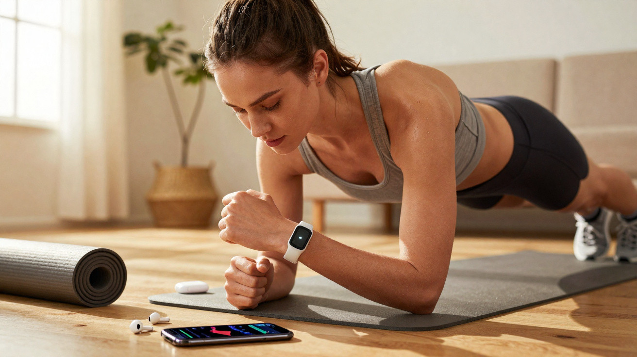 Jovem a fazer prancha num tapete de exercício em sala iluminada, com telemóvel e auscultadores perto.