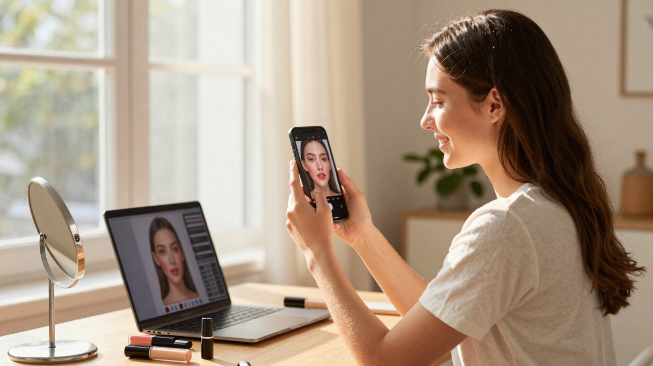 Mulher a tirar selfie com smartphone em frente a computador com imagem de rosto num ambiente iluminado.