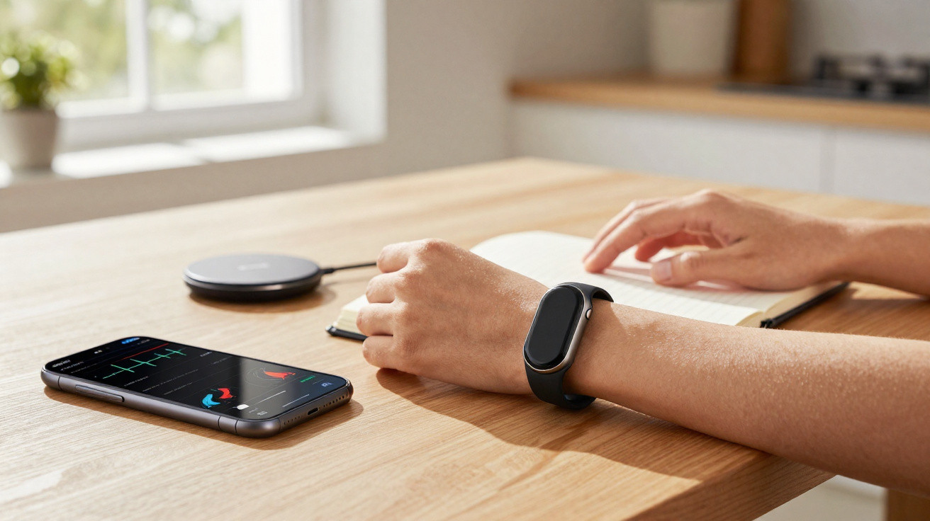 Braço com smartwatch junto a telemóvel a mostrar monitorização de batimentos cardíacos numa mesa de madeira.